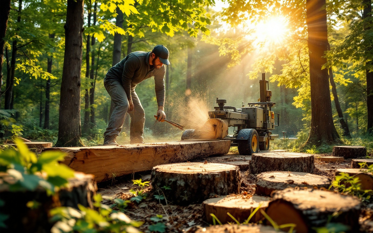 Un processus de d&eacute;coupe de bois avec une scierie mobile dans une clairi&egrave;re foresti&egrave;re, baign&eacute;e de lumi&egrave;re du soleil filtr&eacute;e &agrave; travers les arbres, montrant l'outil en action et les couleurs vibrantes du bois et du feuillage.