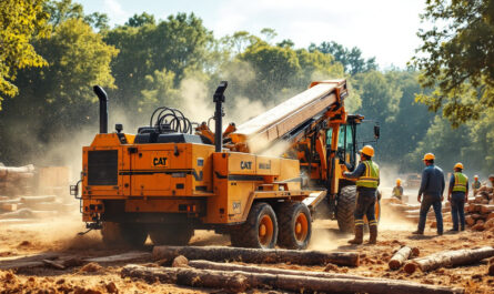 image-dune-scierie-mobile-sur-un-site-de-construction-avec-des-ouvriers-travaillant-en-arriere-plan-de-la-sciure-de-bois-selevant-dans-lair-sous-une-lumiere-lumineuse-de-lapres-midi