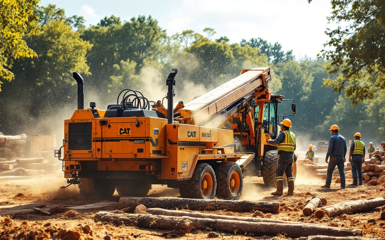 image-dune-scierie-mobile-sur-un-site-de-construction-avec-des-ouvriers-travaillant-en-arriere-plan-de-la-sciure-de-bois-selevant-dans-lair-sous-une-lumiere-lumineuse-de-lapres-midi