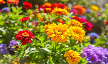 un-jardin-rempli-de-fleurs-aux-couleurs-vives-telles-que-le-rouge-le-jaune-le-bleu-et-le-violet-entoure-dun-feuillage-verdoyant-avec-la-lumiere-du-soleil-qui-filtre-a-travers-les-feuilles