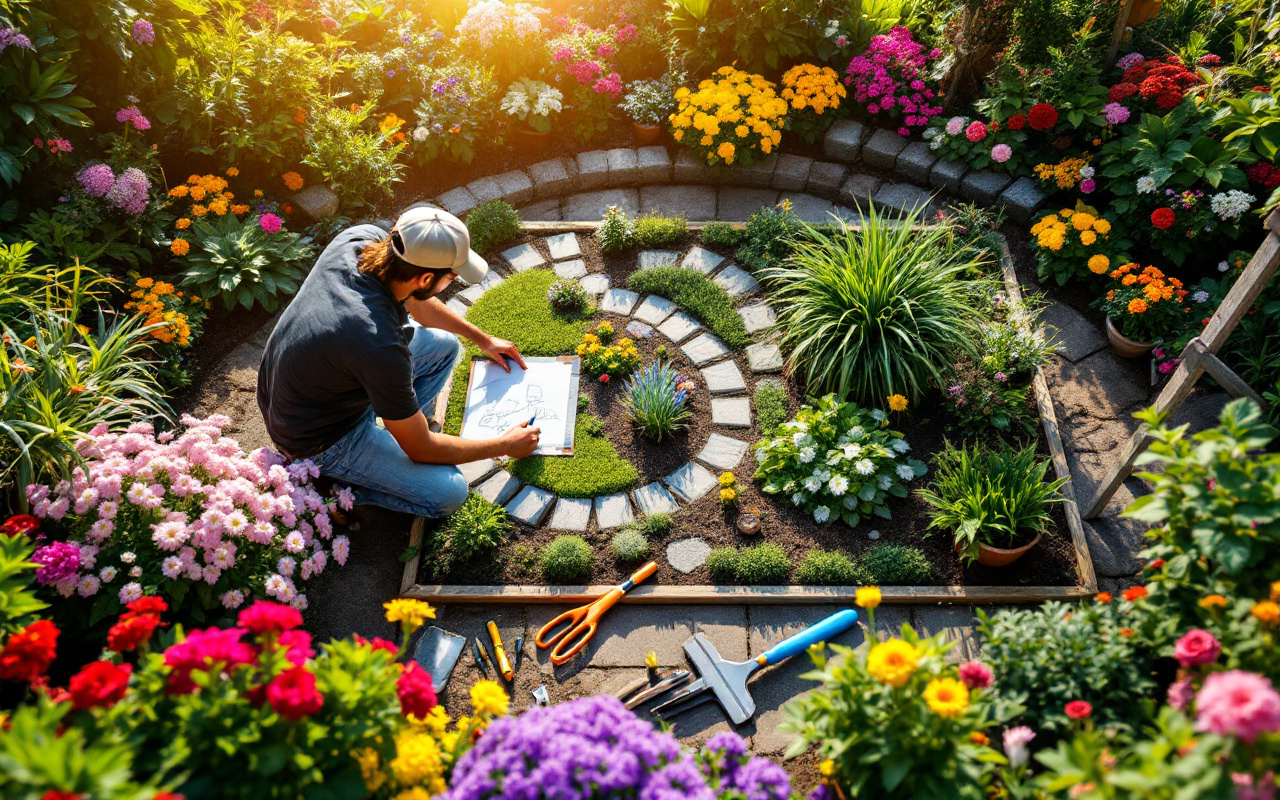 Un paysagiste concevant un am&eacute;nagement de jardin, entour&eacute; de plantes et de fleurs color&eacute;es, avec ses outils au sol, baign&eacute; dans une lumi&egrave;re du soleil &eacute;clatante.