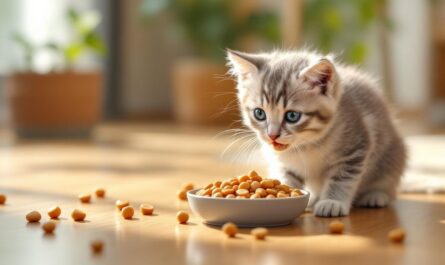 Chaton mangeant de la nourriture humide riche en protéines dans un petit bol en céramique posé sur un sol en bois, éclairage matinal doux avec légers rayons volumétriques, arrière-plan naturel flou.