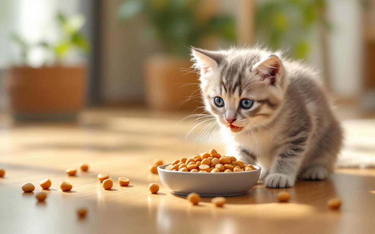 Chaton mangeant de la nourriture humide riche en protéines dans un petit bol en céramique posé sur un sol en bois, éclairage matinal doux avec légers rayons volumétriques, arrière-plan naturel flou.