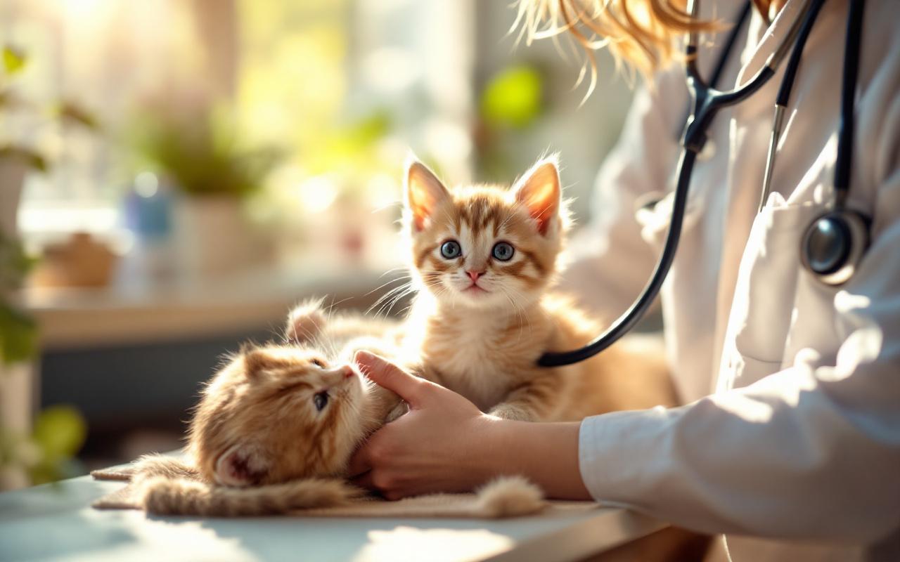 Vétérinaire examinant un chaton avec un stéthoscope dans une clinique chaleureuse, lumière douce et volumétrique, ambiance naturelle et attentionnée, expression compatissante du vétérinaire.