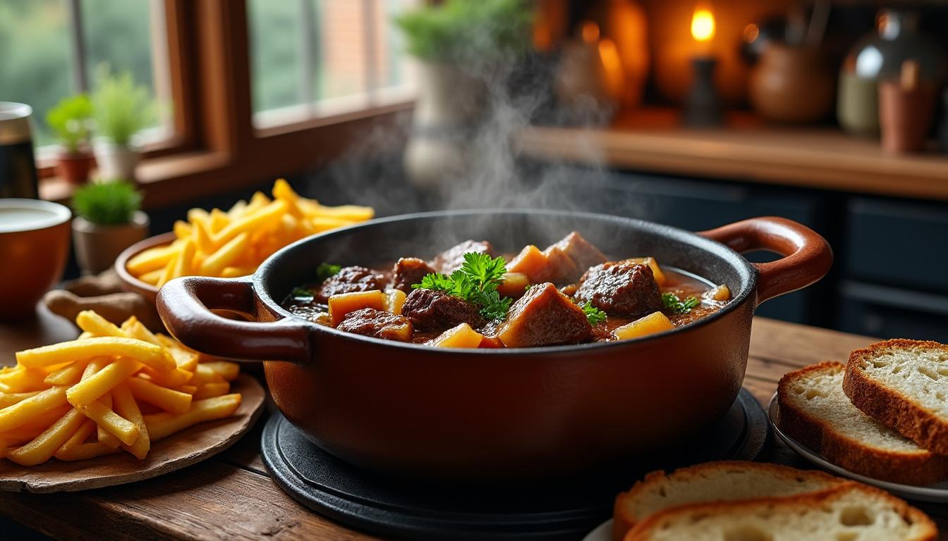 savourez la carbonnade flamande, un mijoté traditionnel du nord à base de bœuf et bière brune, parfait pour un repas réconfortant et convivial en famille ou entre amis.