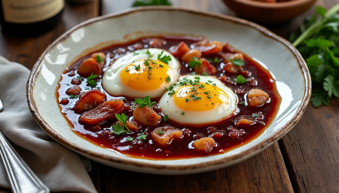 découvrez la recette traditionnelle des œufs en meurette, un classique bourguignon savoureux mijoté dans une sauce au vin rouge riche et parfumée.