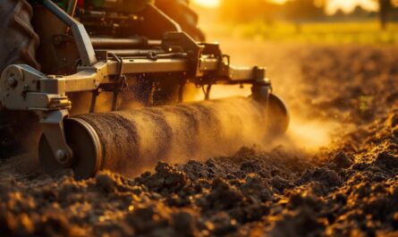 Tracteur équipé d'un cultivateur à dents ressort et d'un rouleau émietteur préparant la couche de semis sur un champ, vue rapprochée au coucher du soleil, poussière et terre fine, tonalités brunes et dorées, lumière volumétrique douce.