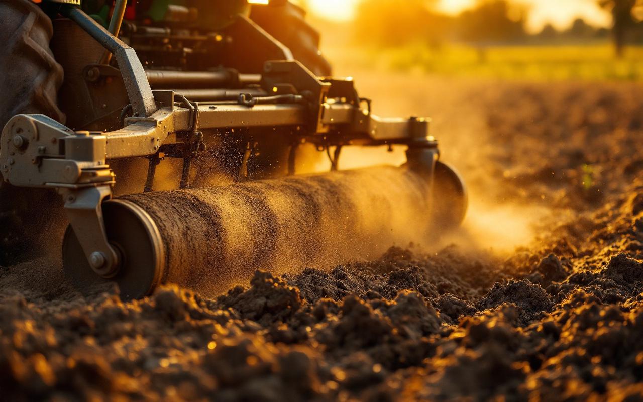 Tracteur équipé d'un cultivateur à dents ressort et d'un rouleau émietteur préparant la couche de semis sur un champ, vue rapprochée au coucher du soleil, poussière et terre fine, tonalités brunes et dorées, lumière volumétrique douce.