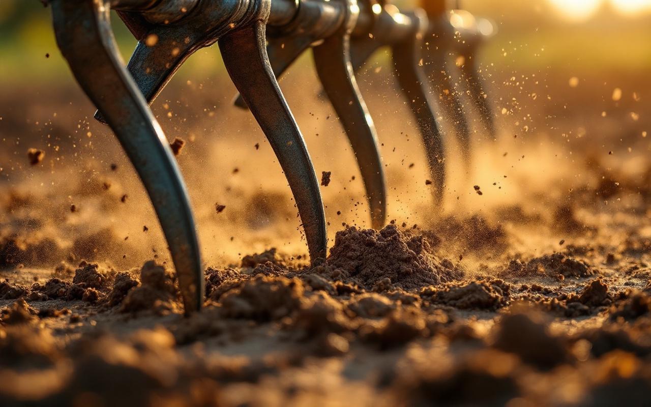 Gros plan sur des dents en S d'un outil agricole brisant des mottes sur un sol sec, poussière en suspension, texture craquelée de la terre, tiges métalliques brillantes éclairées par une lumière dorée.