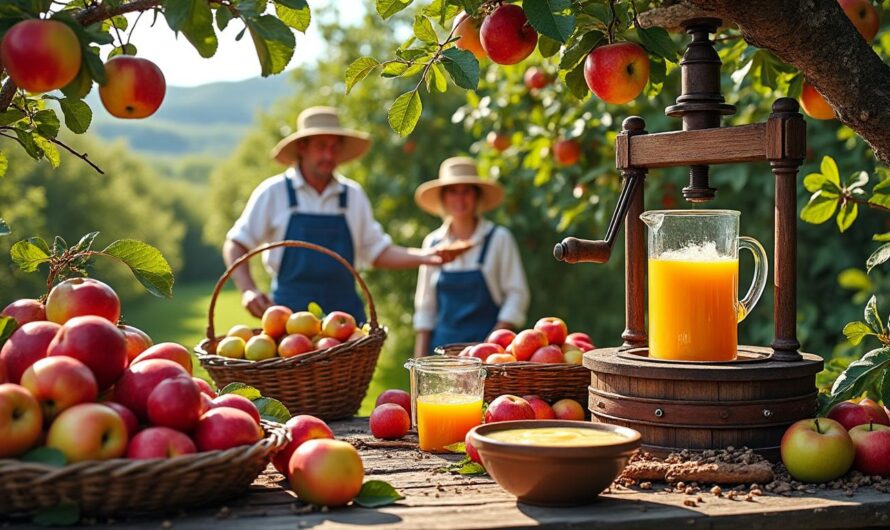 La récolte et la transformation des pommes en jus et compotes