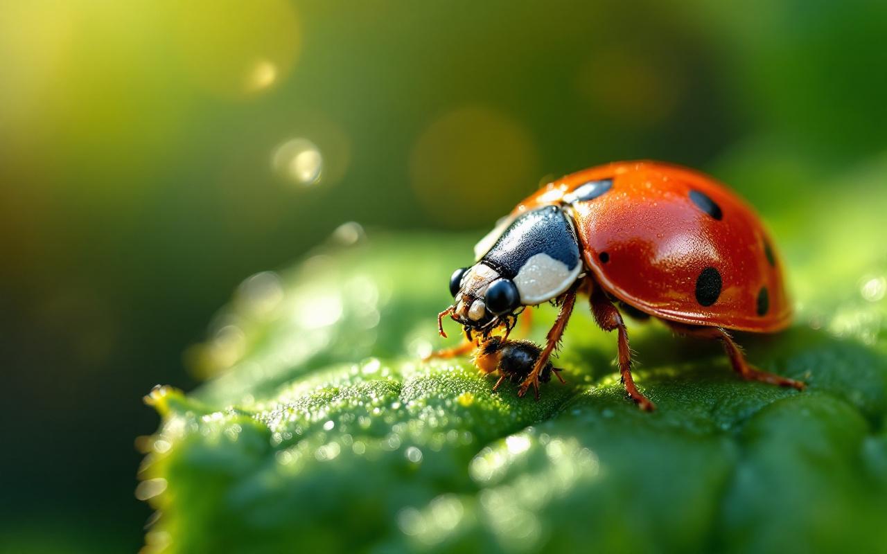 Gros plan d'une coccinelle rouge et noire en train de manger des pucerons sur une feuille de tomate verte, éclairée par une douce lumière matinale volumétrique, gouttes de rosée visibles et arrière‑plan flou de jardin.
