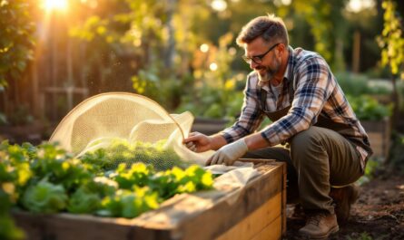 Un jardinier installe un filet anti-insectes au-dessus de bacs à légumes, avec des salades et des tomates verdoyantes, sol brun, filet blanc, lumière chaude de coucher de soleil volumétrique, ambiance naturelle et réaliste.