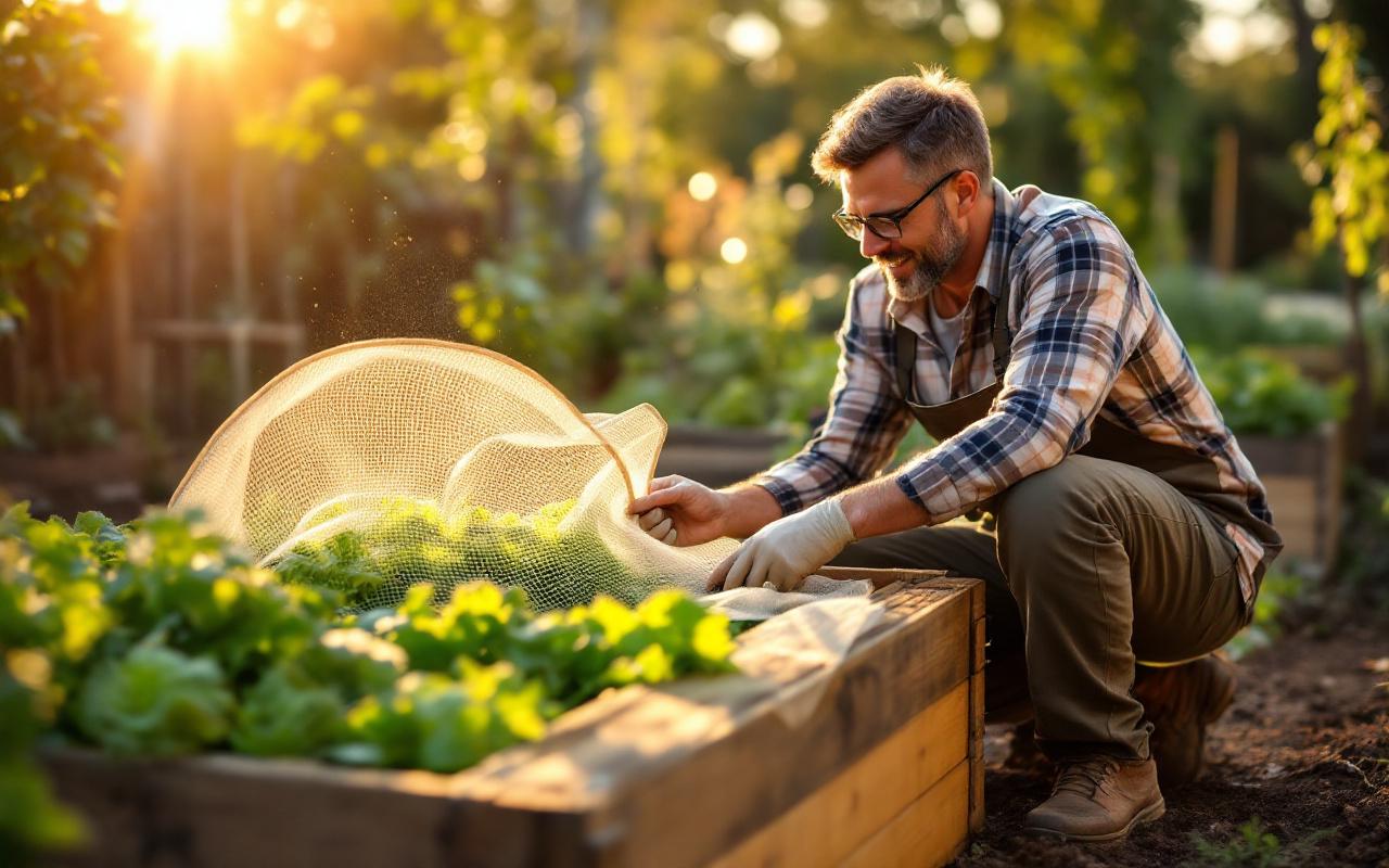 Un jardinier installe un filet anti-insectes au-dessus de bacs à légumes, avec des salades et des tomates verdoyantes, sol brun, filet blanc, lumière chaude de coucher de soleil volumétrique, ambiance naturelle et réaliste.