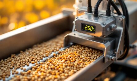 Gros plan d'un capteur capacitif fixé sur une vis d'amenage métallique avec des grains de céréales autour, câble et support visibles, arrière-plan flou d'un hangar agricole, lumière dorée de coucher de soleil mettant en valeur les textures.