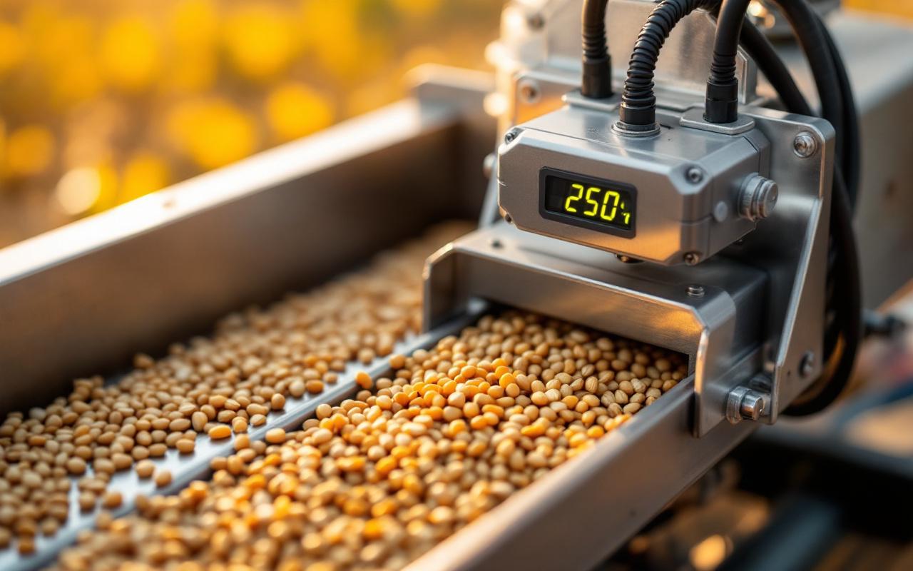 Gros plan d'un capteur capacitif fixé sur une vis d'amenage métallique avec des grains de céréales autour, câble et support visibles, arrière-plan flou d'un hangar agricole, lumière dorée de coucher de soleil mettant en valeur les textures.