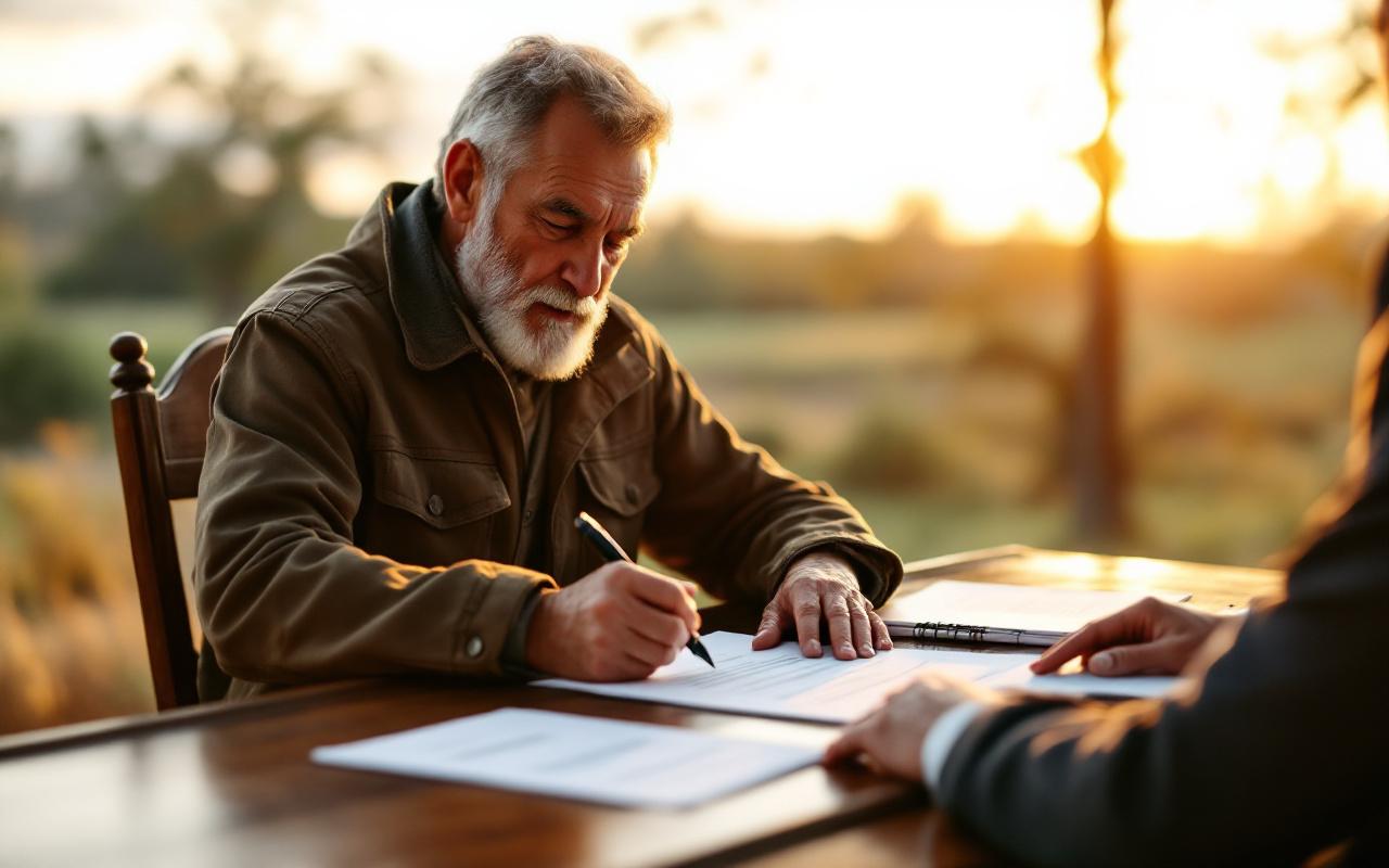 Fermier en tenue de travail signant un contrat sur un bureau en bois face à un notaire en costume, piles de documents autour, lumière chaude du coucher de soleil filtrant par la fenêtre.
