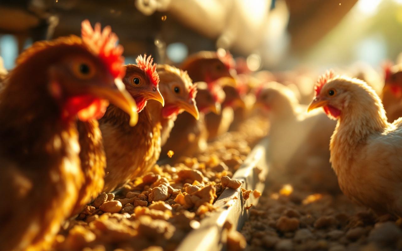 Photo réaliste d'un groupe de poulets de chair se nourrissant autour d'une mangeoire en plateau, sol couvert de paille, lumière dorée volumétrique traversant la poussière, ambiance chaleureuse et naturelle de ferme.