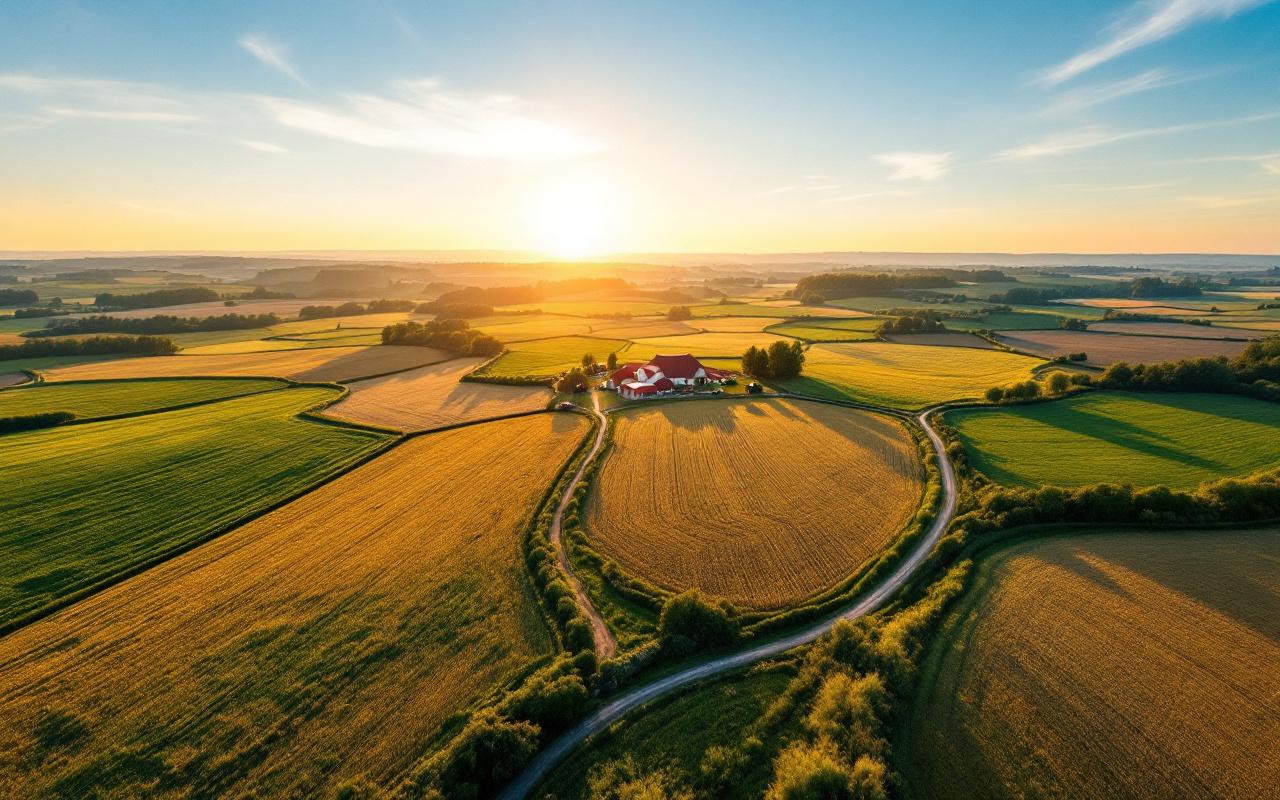Vue aérienne d'une ferme entourée de champs en mosaïque verts et dorés, maison au toit rouge, chemin de terre sinueux, tracteur, lumière douce du coucher de soleil et ombres allongées.