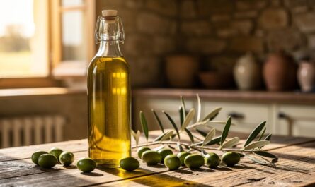 Bouteille d huile d olive vierge extra posée sur une table de ferme en bois avec des olives fraîches