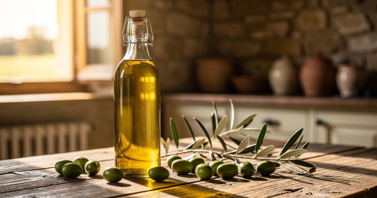 Bouteille d huile d olive vierge extra posée sur une table de ferme en bois avec des olives fraîches