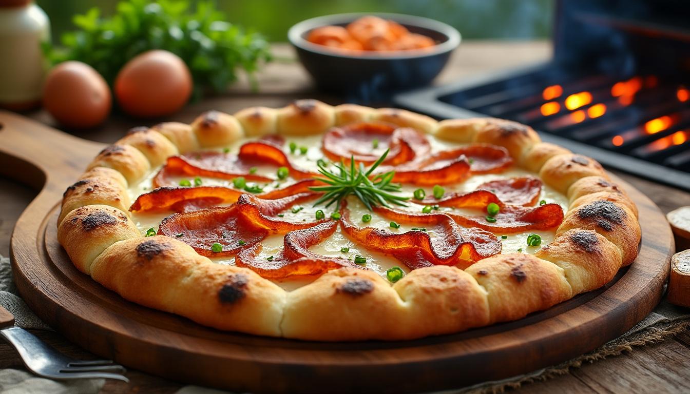 découvrez notre recette savoureuse de tarte flambée alsacienne revisitée façon barbecue, un délice croustillant et original à partager entre amis.