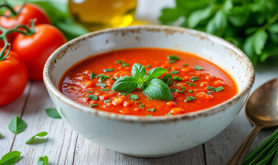 Soupe froide à la tomate et aux herbes fraîches