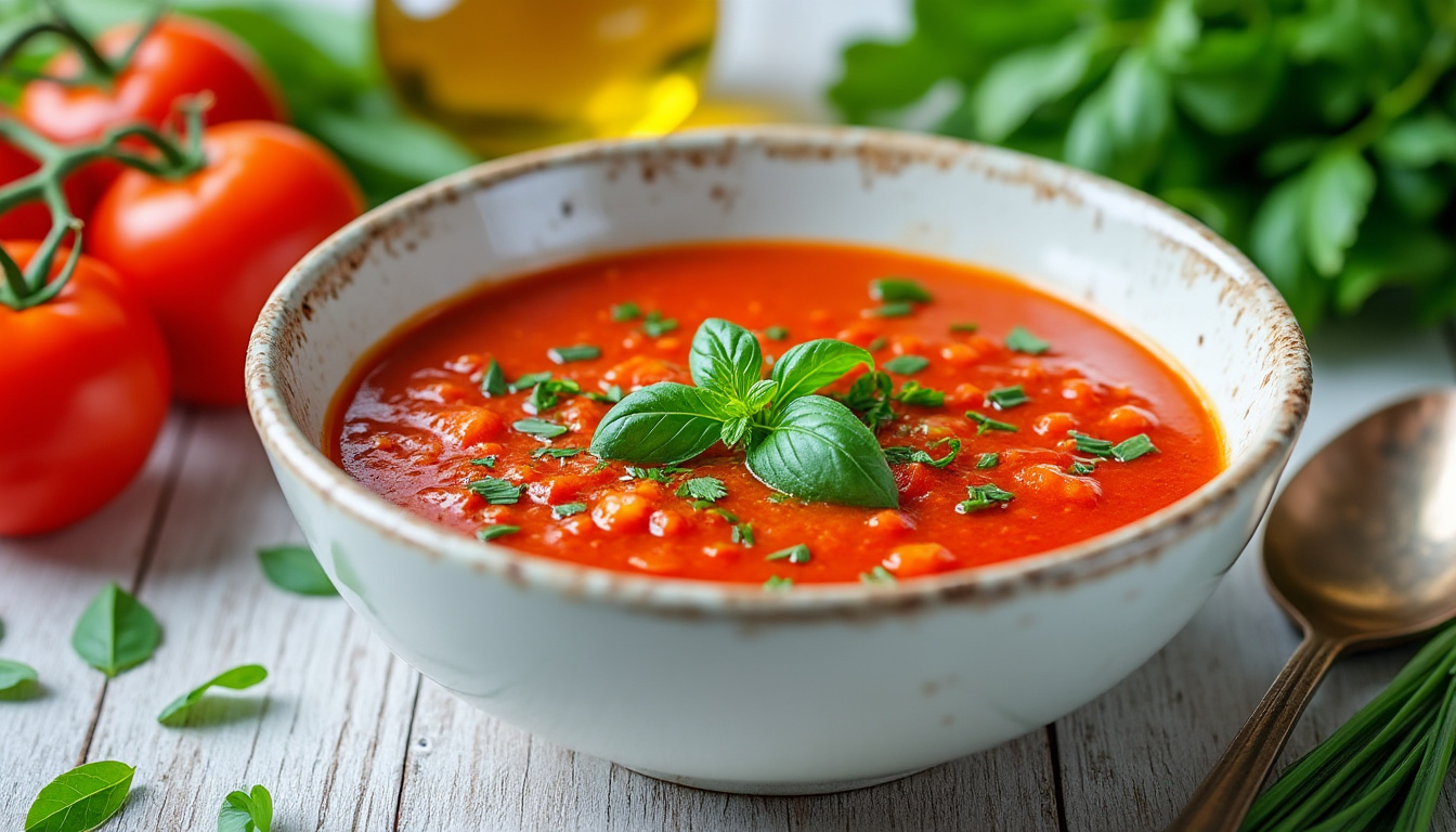 découvrez une recette rafraîchissante de soupe froide à la tomate et aux herbes fraîches, parfaite pour les journées chaudes d'été.