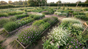 Vue large d’un jardin potager en fin d’été, avec plusieurs planches couvertes de phacélie, de vesce et de moutarde blanche sous une lumière naturelle.