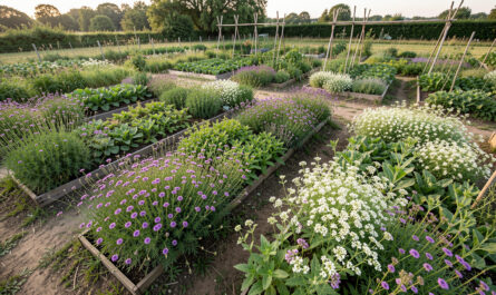 Vue large d’un jardin potager en fin d’été, avec plusieurs planches couvertes de phacélie, de vesce et de moutarde blanche sous une lumière naturelle.