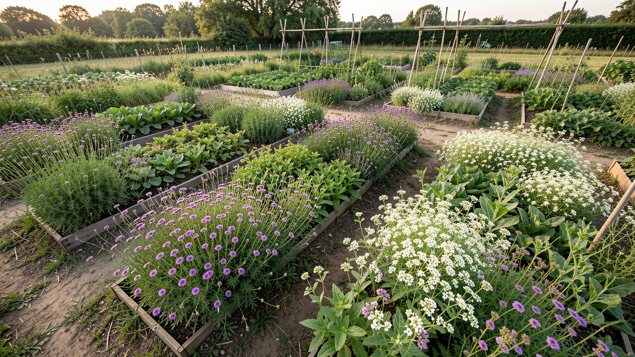 Vue large d’un jardin potager en fin d’été, avec plusieurs planches couvertes de phacélie, de vesce et de moutarde blanche sous une lumière naturelle.