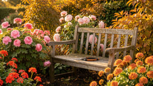 Jardin d’automne lumineux avec des géraniums vivaces, des pivoines et des phlox soigneusement rabattus, ainsi qu’un sécateur posé sur un banc en bois.
