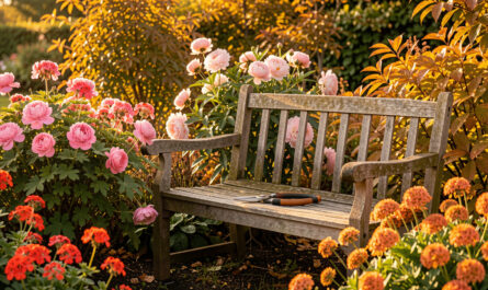 Jardin d’automne lumineux avec des géraniums vivaces, des pivoines et des phlox soigneusement rabattus, ainsi qu’un sécateur posé sur un banc en bois.