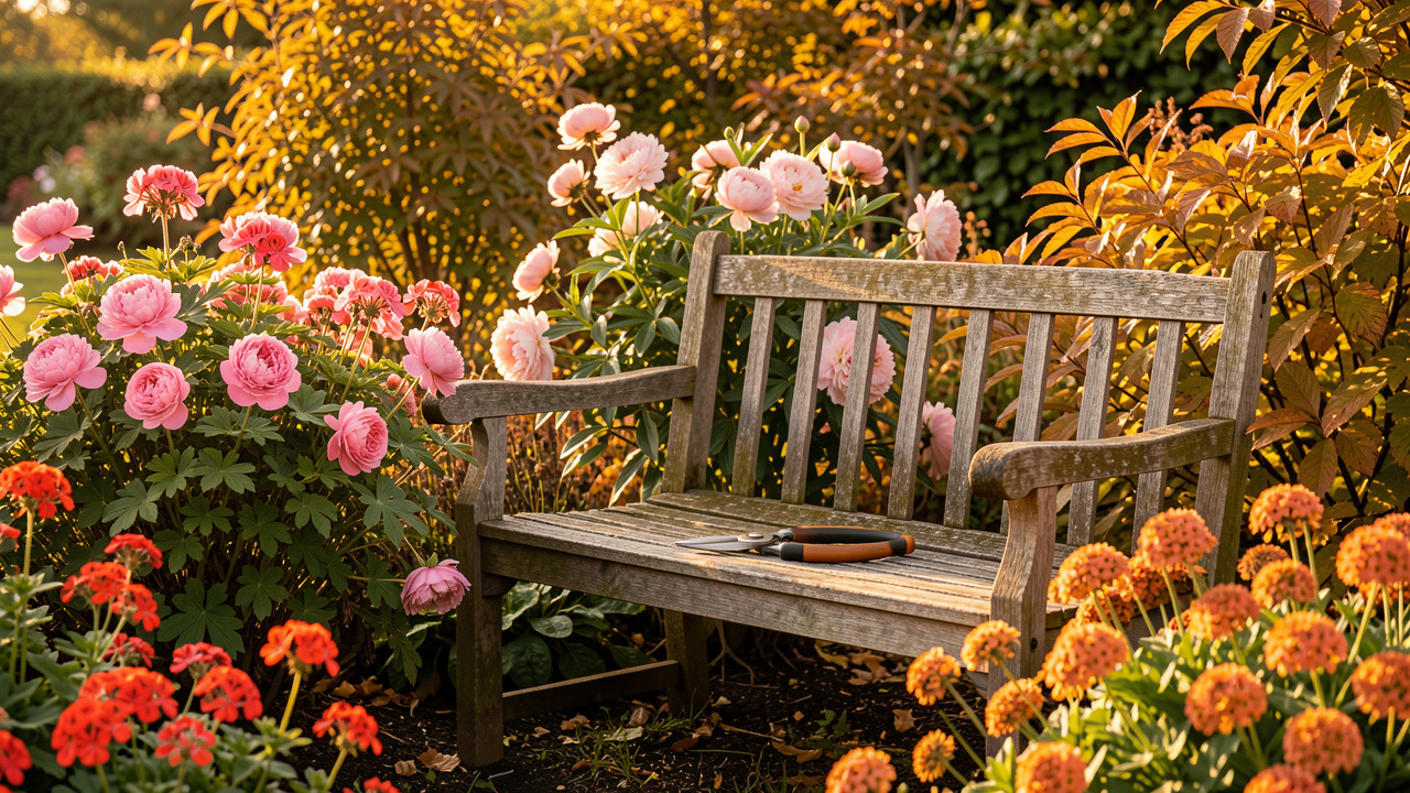 Jardin d’automne lumineux avec des géraniums vivaces, des pivoines et des phlox soigneusement rabattus, ainsi qu’un sécateur posé sur un banc en bois.