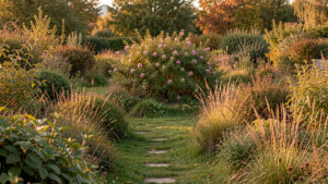 Jardin naturel en fin d’été avec une allée dégagée et un petit îlot de ronces fleuries au fond de la parcelle.