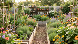Jardin familial d’été avec des planches de légumes, des fleurs comestibles colorées, des aromates et un petit chemin paillé dans une lumière naturelle douce.