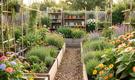 Jardin familial d’été avec des planches de légumes, des fleurs comestibles colorées, des aromates et un petit chemin paillé dans une lumière naturelle douce.