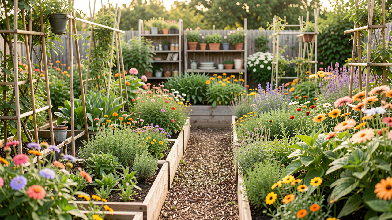 Jardin familial d’été avec des planches de légumes, des fleurs comestibles colorées, des aromates et un petit chemin paillé dans une lumière naturelle douce.