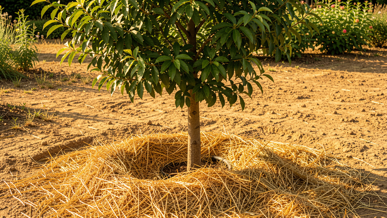 Jeune arbre feuillu planté dans un jardin près d’Orléans, avec un sol paillé et une cuvette d’arrosage visible dans une ambiance estivale sèche.