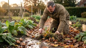 Un jardinier arrache à la main des adventices dans un potager d’automne au sol humide, entouré de légumes et de paillage de feuilles, sous une lumière douce.
