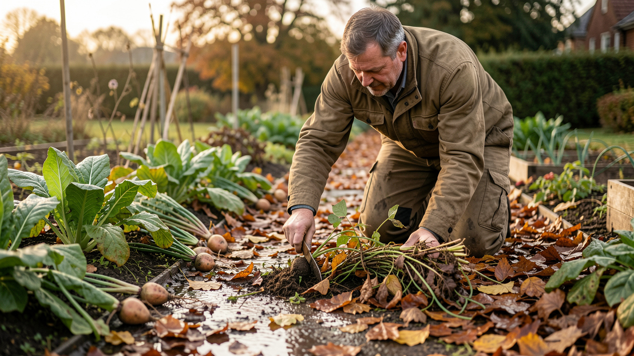 Un jardinier arrache à la main des adventices dans un potager d’automne au sol humide, entouré de légumes et de paillage de feuilles, sous une lumière douce.