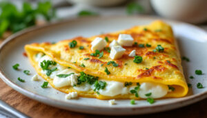 découvrez une omelette moelleuse au brocciu et aux fines herbes, une recette savoureuse et facile à préparer pour un repas plein de fraîcheur.