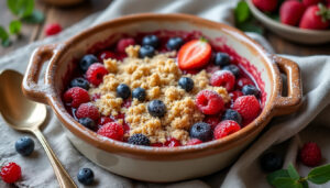 découvrez un délicieux streusel aux fruits rouges frais, alliant le fondant des fruits à une pâte croustillante et dorée.