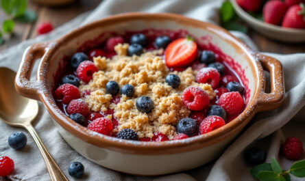 découvrez un délicieux streusel aux fruits rouges frais, alliant le fondant des fruits à une pâte croustillante et dorée.