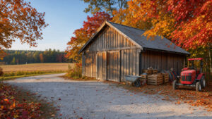 Bâtiment agricole québécois entouré de feuillages colorés en automne, avec une cour propre, du matériel soigneusement rangé et un paysage rural lumineux.