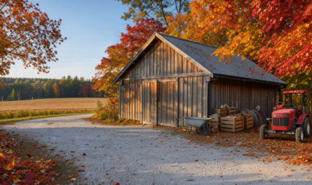 Bâtiment agricole québécois entouré de feuillages colorés en automne, avec une cour propre, du matériel soigneusement rangé et un paysage rural lumineux.