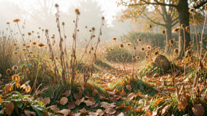 Jardin d’automne naturel avec des vivaces fanées, des tiges sèches dressées, des feuilles tombées au sol et une douce lumière matinale.