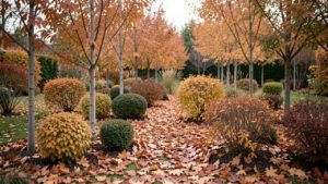 Jardin familial en automne avec de jeunes arbres, des arbustes et un paillage de feuilles sous une lumière douce.