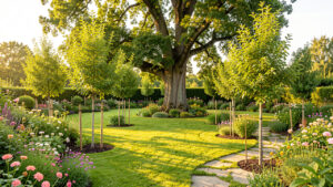 Jardin familial lumineux de fin d’été où plusieurs jeunes arbres indigènes remplacent un ancien arbre trop volumineux.
