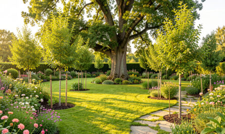 Jardin familial lumineux de fin d’été où plusieurs jeunes arbres indigènes remplacent un ancien arbre trop volumineux.