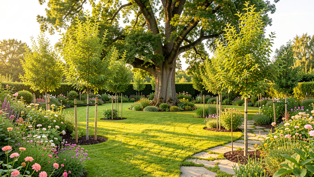 Jardin familial lumineux de fin d’été où plusieurs jeunes arbres indigènes remplacent un ancien arbre trop volumineux.